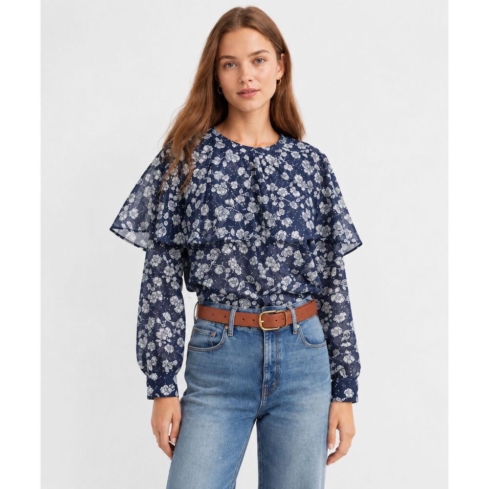 LOFT Floral Ruffle Cape Blouse Women's Small Blue Sheer Layered Ruffle Top Boho